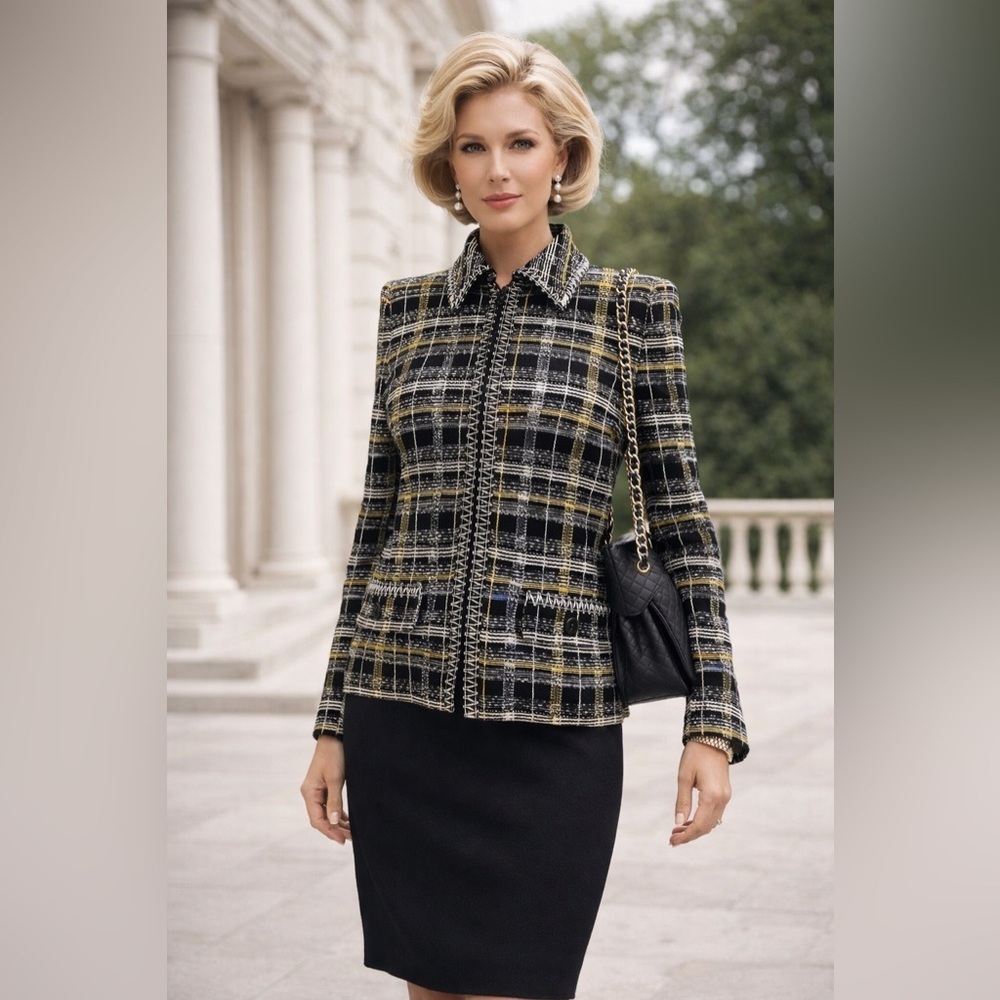 St John Collection Marie Gray Womens Santana Knit Jacket Sz 6 Black Yellow Plaid